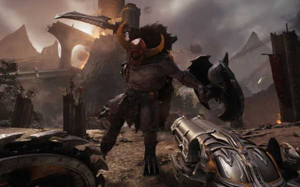 A high-definition desktop wallpaper and background image of the video game DOOM: The Dark Ages, featuring an intense scene with a horned monster wielding weapons in a post-apocalyptic setting.