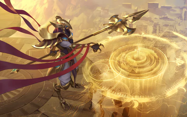 An HD desktop wallpaper and background featuring Azir from the video game Legends of Runeterra and League of Legends, standing majestically with a golden magical aura.