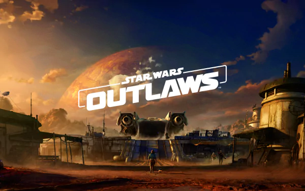 HD desktop wallpaper featuring Star Wars Outlaws. The image captures a dramatic landscape with a spaceship docked on a rugged planet under a captivating sky, embodying the adventurous spirit of the video game.