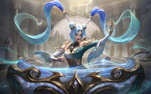 A high-definition desktop wallpaper featuring Sona from League of Legends, showcasing her elegant and mystical appearance against an ornate background.