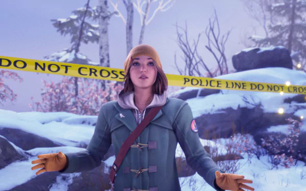 HD desktop wallpaper from the video game Life is Strange: Double Exposure featuring a bundled-up character standing in a snowy landscape with police tape in the background.