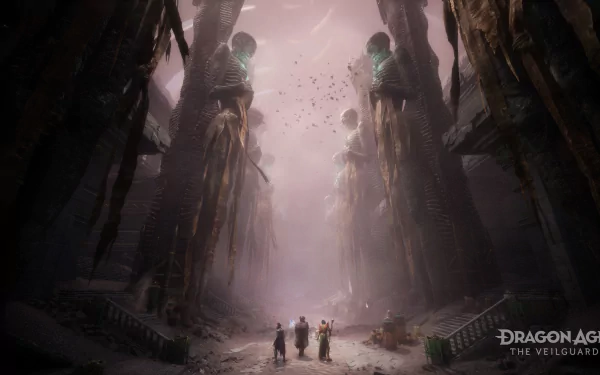 HD wallpaper for the video game Dragon Age: The Veilguard, featuring a misty, ancient corridor with colossal statues and adventurers venturing into the enigmatic environment.