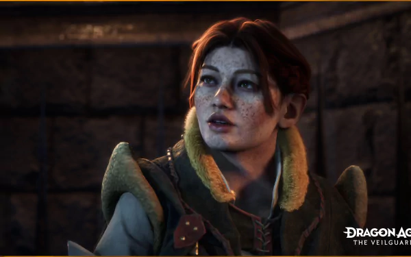 HD desktop wallpaper of a character from the video game Dragon Age: The Veilguard, showcasing a detailed, immersive scene with a focused female character in medieval attire and atmospheric lighting.