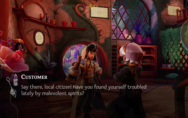 HD desktop wallpaper of the video game Wanderstop. It depicts an animated scene where a character is asking, Have you found yourself troubled lately by malevolent spirits?