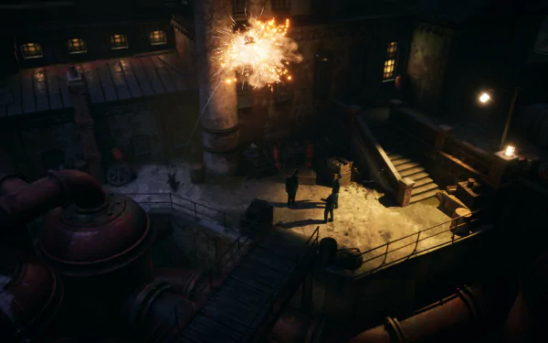 HD desktop wallpaper from the video game Eriksholm: The Stolen Dream, featuring a dramatic night scene with an explosion in an industrial environment.