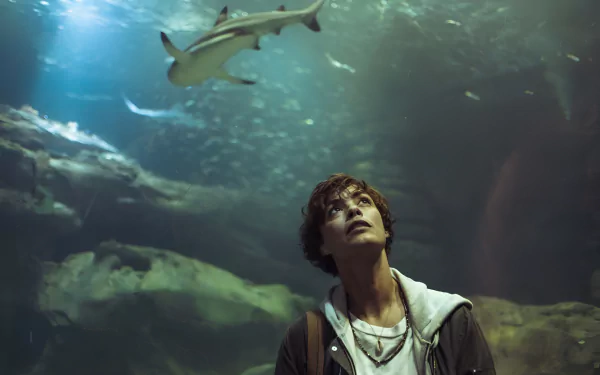 Movie scene from Under Paris featuring a young person looking up at a shark in an underwater setting. This HD desktop wallpaper captures the serene underwater atmosphere.