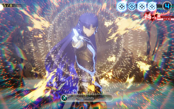 HD desktop wallpaper and background featuring intense action from the video game Shin Megami Tensei V: Vengeance, showcasing a character wielding a weapon with swirling energy and sparks.