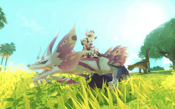 HD desktop wallpaper of Monster Hunter Stories 2: Wings of Ruin featuring a rider on a fantasy creature in a vibrant, grassy field under a clear blue sky.