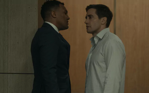 HD wallpaper from the TV show Presumed Innocent (2024), featuring an intense scene with two men standing face-to-face.