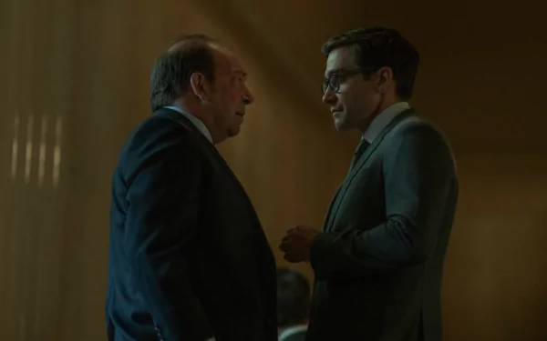 HD desktop wallpaper featuring a scene from the TV show Presumed Innocent (2024), depicting two men engaged in a serious discussion.