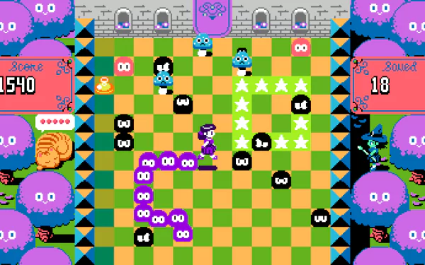 HD wallpaper for the video game UFO 50 featuring a vibrant pixel art scene with a character navigating a checkerboard-like field, whimsical enemies, and a castle background.