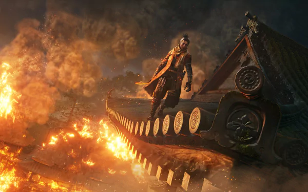 HD desktop wallpaper of Sekiro from Sekiro: Shadows Die Twice, standing on a rooftop amidst intense flames and a dramatic sky.