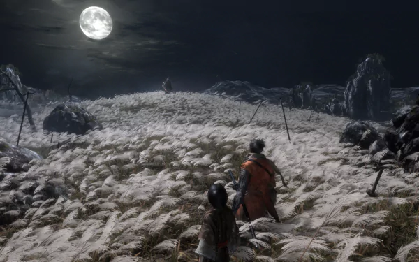 HD wallpaper and background for Sekiro: Shadows Die Twice. The image depicts a moonlit night with two characters in a field of tall grass, with mountains and a full moon in the background.