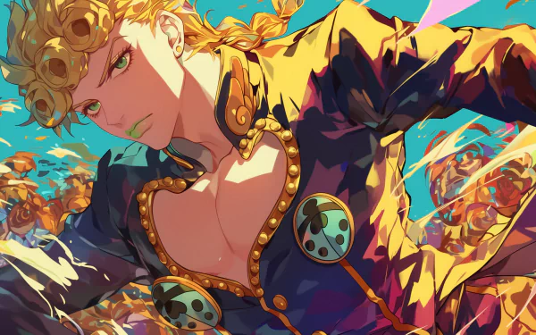 HD desktop wallpaper featuring Giorno Giovanna from the anime Jojo's Bizarre Adventure, showcasing a vibrant and detailed illustration with dynamic colors and striking design elements.