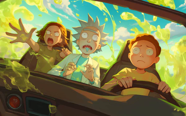 HD desktop wallpaper featuring Rick Sanchez and Morty Smith from the TV show Rick and Morty in a chaotic scene inside a car, with green liquid splashing around.