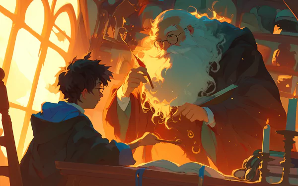 HD desktop wallpaper of a scene from the Harry Potter movies, featuring Harry Potter and Albus Dumbledore in a warmly lit room, with a magical ambiance.