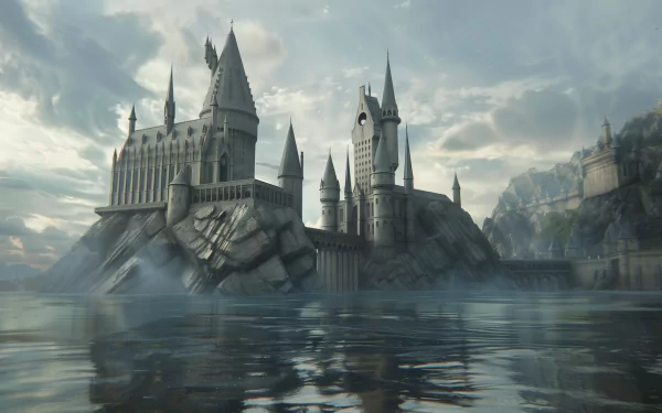 High-definition desktop wallpaper featuring Hogwarts Castle from the Harry Potter movies, set against a misty sky and serene water backdrop.