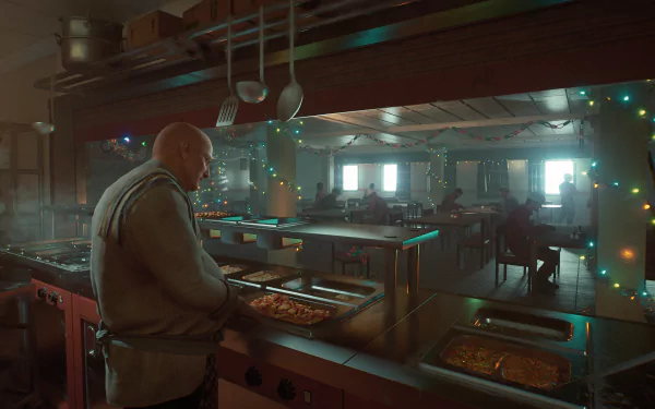 HD desktop wallpaper and background from the video game Still Wakes the Deep, depicting a chef in a dimly lit kitchen with festive string lights and people dining in the background.