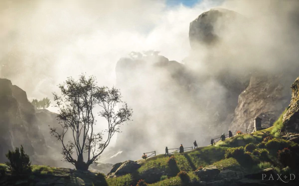 HD desktop wallpaper showcasing a misty mountain landscape from the video game Pax Dei, with figures silhouetted against the fog and a lone tree in the foreground.