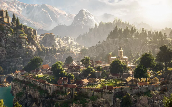 HD desktop wallpaper of Pax Dei video game featuring a medieval village nestled within a mountainous landscape with lush greenery and rugged terrain.