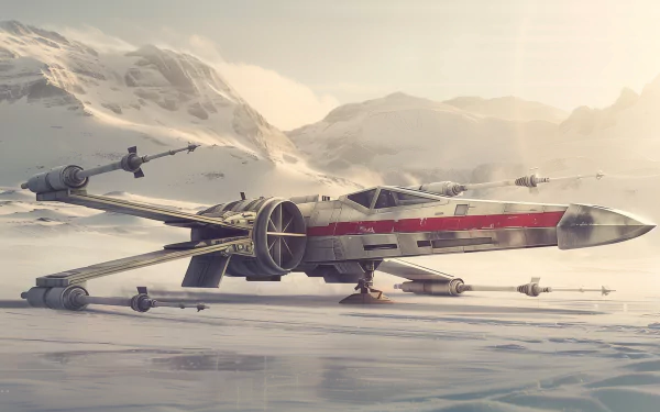 A high-definition Star Wars desktop wallpaper featuring a Wing X starfighter parked on a snowy landscape with majestic mountains in the background.