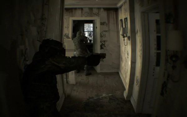 HD wallpaper showing a video game bodycam perspective of two armed figures in a dark, narrow hallway of an abandoned house.