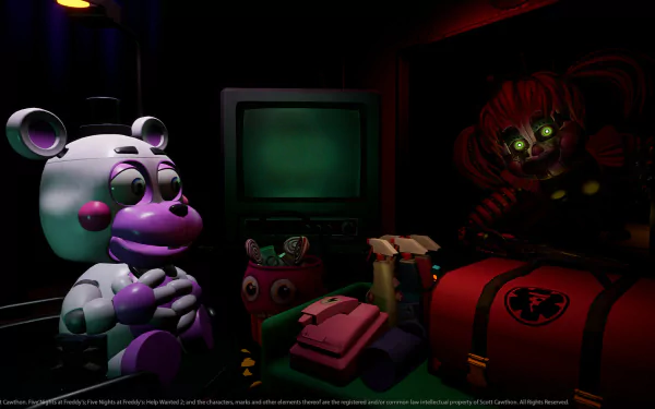 HD wallpaper featuring characters from the video game Five Nights at Freddy's: Help Wanted 2, showcasing a haunted animatronic bear and a creepy, red-haired figure in a dark, eerie setting.