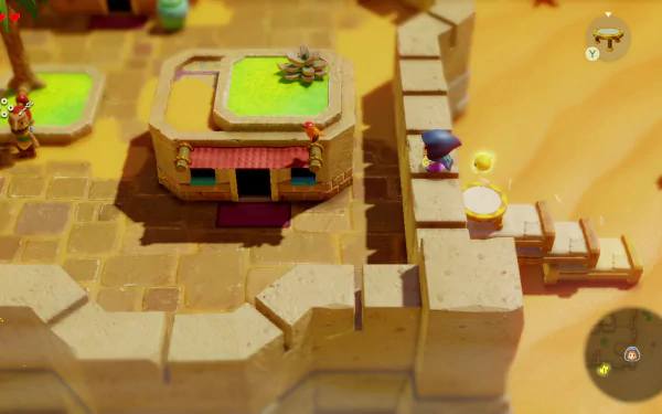 HD desktop wallpaper featuring a scene from the video game The Legend of Zelda: Echoes of Wisdom, showcasing a character navigating a courtyard with stone walls and colorful structures.