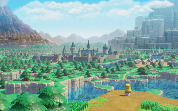 HD desktop wallpaper of The Legend of Zelda: Echoes of Wisdom video game. Features a vast, lush landscape with a castle, mountains, and a character standing by a pond.