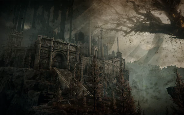 Elden Ring HD desktop wallpaper showcasing the foreboding landscape and architecture from the Elden Ring: Shadow of the Erdtree expansion. A dark, majestic fortress looms amidst a mystical, eerie backdrop.