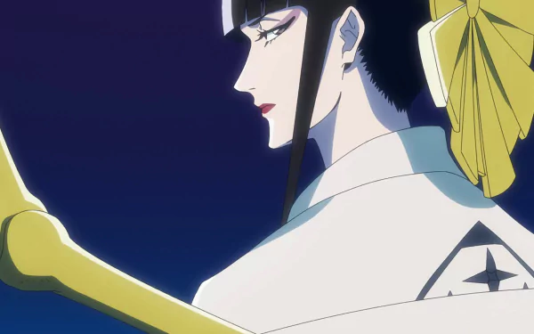 HD desktop wallpaper featuring Senjumaru Shutara from the anime Bleach, displaying a detailed side profile against a deep blue background.