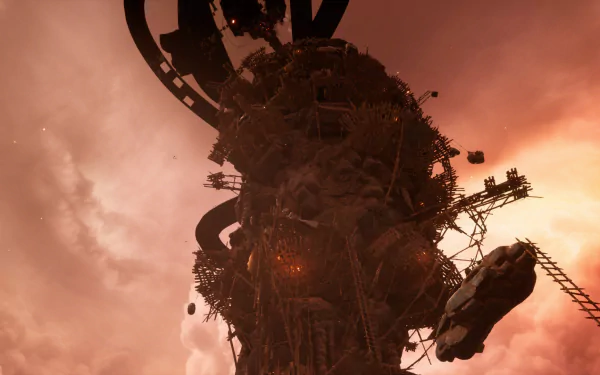HD desktop wallpaper featuring a dramatic scene from the video game Chained Together, showcasing a towering, chaotic structure under a foreboding sky.