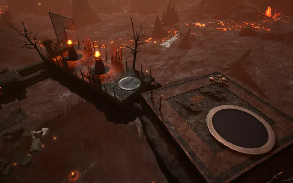 An HD desktop wallpaper and background of the video game 'Chained Together,' depicting a dark, fiery landscape with ominous structures and molten terrain.