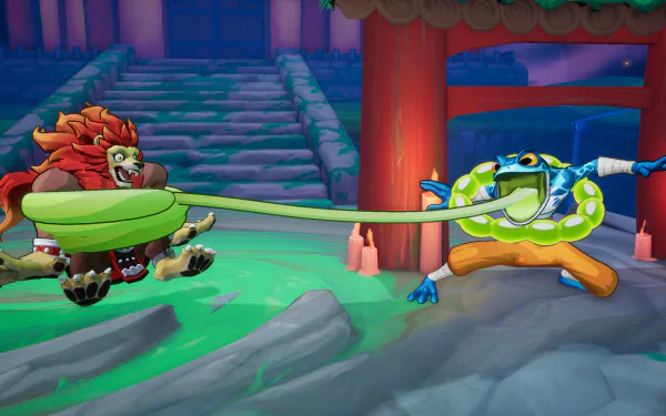 HD desktop wallpaper and background from the video game Rivals 2, featuring a colorful battle scene between two vibrant characters engaged in combat outside a traditional temple.