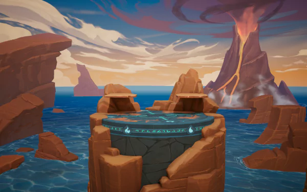 HD desktop wallpaper featuring a dramatic volcanic landscape from the video game Rivals 2, showcasing lava flow and rocky formations against a vivid sky.