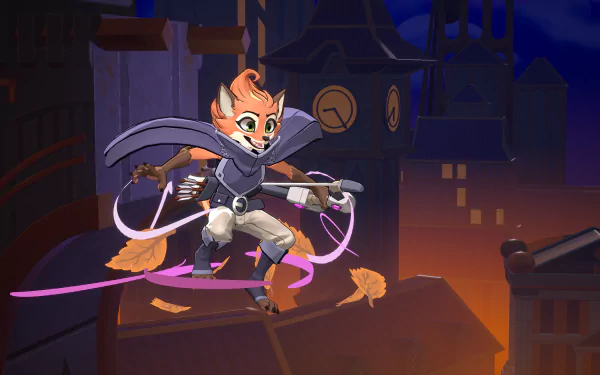 A vibrant HD desktop wallpaper of Rivals 2 featuring an adventurous character leaping across rooftops in a night-time cityscape. Leaves swirl around them as they aim with a crossbow.