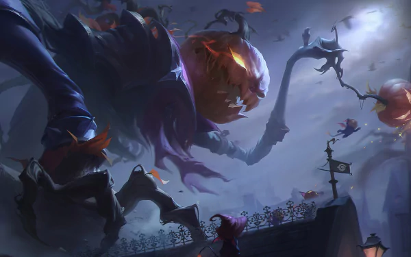 HD desktop wallpaper featuring Fiddlesticks from League of Legends, showcasing a spooky scene with a haunting figure and pumpkins.