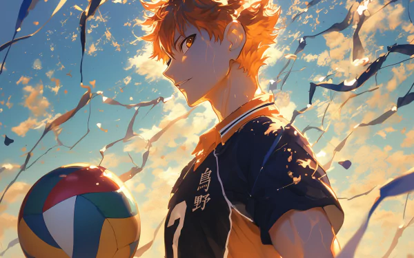 HD desktop wallpaper featuring Shōyō Hinata from Haikyū!! holding a volleyball, set against a vibrant sky backdrop. The image captures the anime character’s determination and energy in stunning detail.