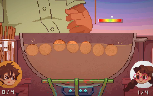 HD desktop wallpaper of the video game Until Then featuring a cooking scene with characters, a pot of food, and gauges indicating cooking progress.