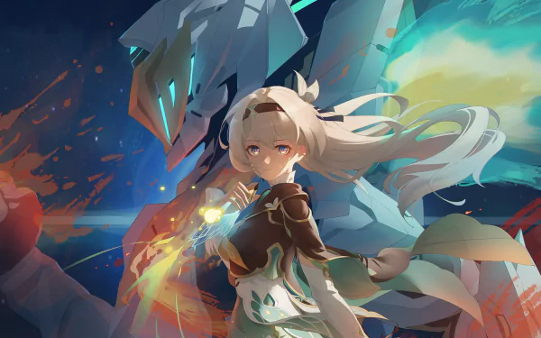 HD desktop wallpaper of characters Firefly and Sam from the video game Honkai: Star Rail, featuring an intense and vibrant background with dynamic colors and sleek designs.