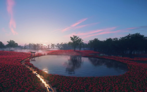 HD desktop wallpaper and background from the video game Ghost of Tsushima, showcasing a serene landscape with a tranquil pond, surrounded by red flowers under a pastel sky at dawn.