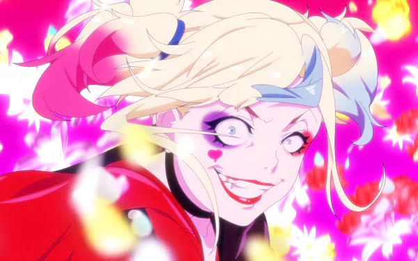 Anime-style Harley Quinn from Suicide Squad Isekai with vibrant pink and white hair, bright eyes, and a mischievous expression in a dynamic 4K Ultra HD desktop wallpaper.