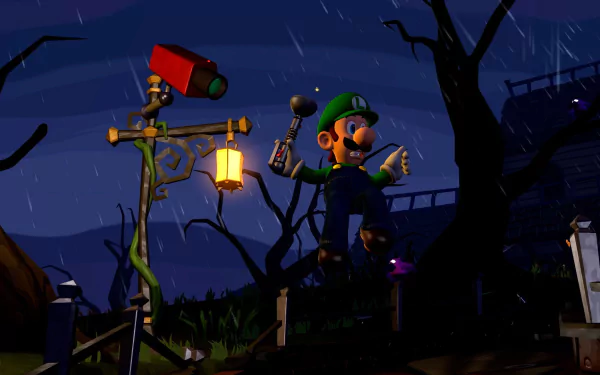 HD desktop wallpaper of Luigi from Luigi's Mansion 2, holding a flashlight in a dark, eerie landscape with a streetlamp and bare trees, set against a rainy night sky.