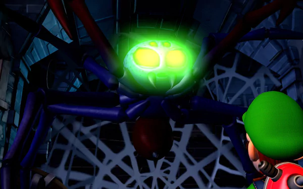 HD desktop wallpaper of Luigi's Mansion 2 featuring Luigi confronting a giant spider with glowing green eyes amidst a dark, web-filled background.