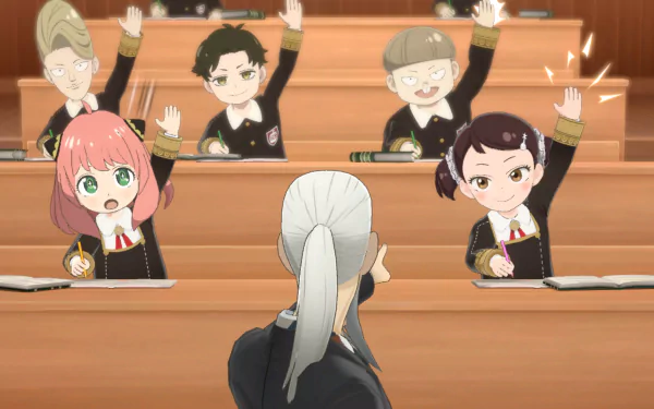 HD desktop wallpaper featuring characters from the video game SPY×ANYA: Operation Memories in a classroom setting. A teacher stands at the front while students raise their hands.