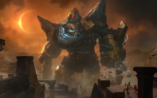 HD wallpaper of Malphite from League of Legends, showcasing the colossal character in a dramatic, stormy scene with a glowing eye and stone body, set against an ominous sky with a partial solar eclipse.