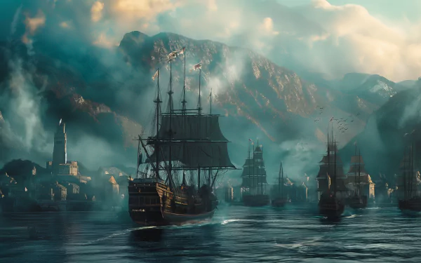warship medieval sea harbor mountain HD Desktop Wallpaper | Background Image