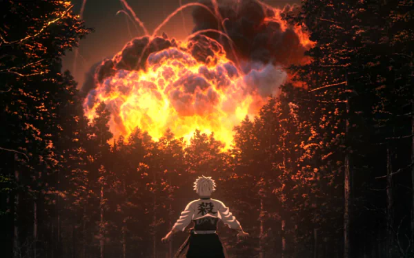 HD PC desktop wallpaper of Sanemi Shinazugawa from Demon Slayer: Kimetsu no Yaiba, standing in a forest illuminated by a dramatic fiery explosion.