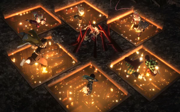 HD desktop wallpaper featuring Tanjiro Kamado, Giyu Tomioka, Muichiro Tokito, Gyomei Himejima, and others from Demon Slayer: Kimetsu no Yaiba surrounded by glowing candles.