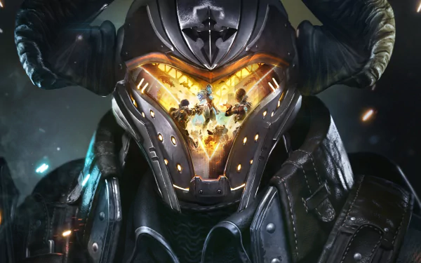 HD desktop wallpaper featuring an intense scene from the video game The First Descendant, showcasing a heavily armored character with a glowing visor and intricate details in a dark, futuristic setting.